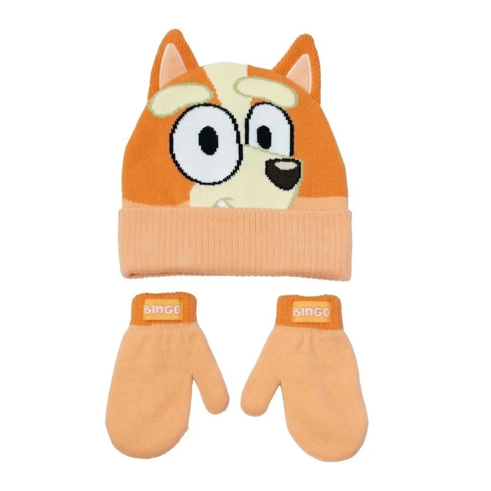 Bluey Bingo Toddler Beanie Hat and Mittens 2-Piece Winter Set Orange Knit NWT